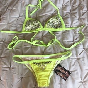 womens neon green glisten bikini, small, veve